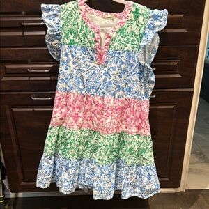 Roller Rabbit Blue and White Ruffled Tiered Casual Dress
